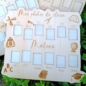 Gepersonaliseerd houten fotolijstje, klasfoto's, 29 x 34 cm bord • 35 x 45 mm sleuven, gegraveerde naam, kleuterschool/basisschool/middelbare school