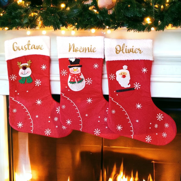 Chaussette de Noël pour les cadeaux personnalisée avec prénom, à accrocher à la cheminée. Flocage or doré pailleté, chien chat enfant