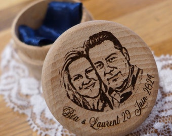 Boîte en bois pour alliances de mariage, coffret, écrin, personnalisé avec gravure du portrait et date du mariage, coffret bague bijoux