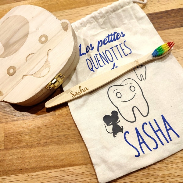 Kit de la petite souris, boîte à dents en bois, pochon et brosse à dents personnalisés