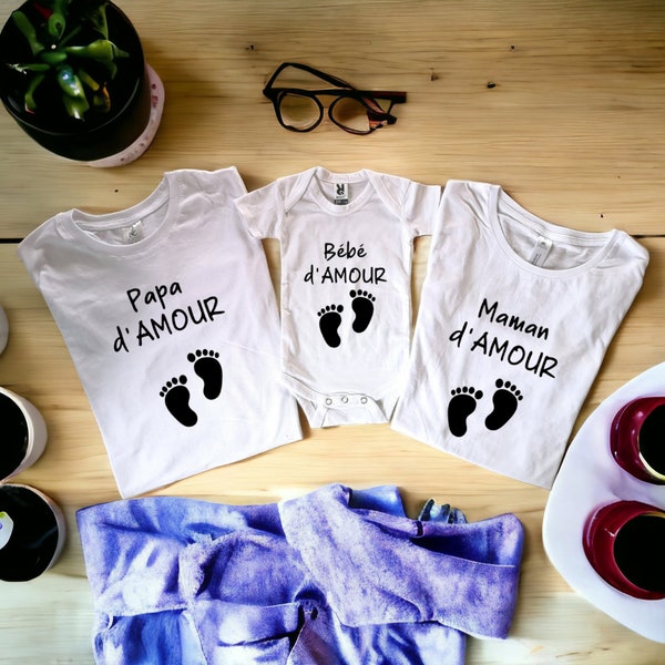 Tshirt assortis homme femme ou body bébé Papa Maman Bébé d'amour, t-shirt vêtements assortis, idée cadeau annonce de grossesse, bébé arrive