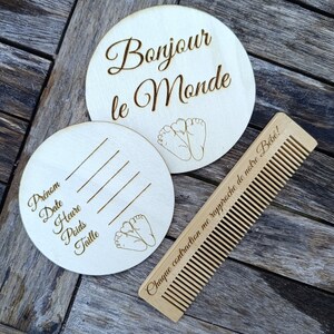 Lot de Peigne d'accouchement sans douleur gravé avec mantra sans péridurale et deux cartes d'étapes de bébé naissance et poids taille prénom