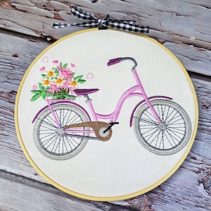Hoop Embroidery Bicycle with flowers, Custom Bamboo Wall Art Hanging, this is a wonderful gift for best Friend, Finished Hoop.