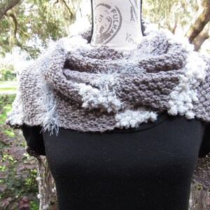 Knit Boho Gray and White Scarf Women, Amazing Combination Yarn, Crochet Hair Scarf Gift for Mom, Finished Long wonderful Scarf