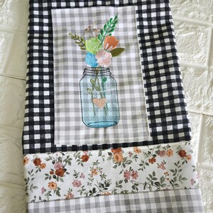 Tea Kitchen Towel Embroidery Jar with Flowers Applique in Cotton Buffalo Fabric, Handmade Country Style Towel ideal Gift for New Home.