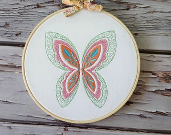 Hoop Custom Gift Mom Bamboo Wall Art Hanging with embroidery Shabby Butterfly, Mom gift for special day