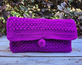 Crochet Boho Clutch Bag: Purple Knit Envelope Handbag, Handmade in USA
