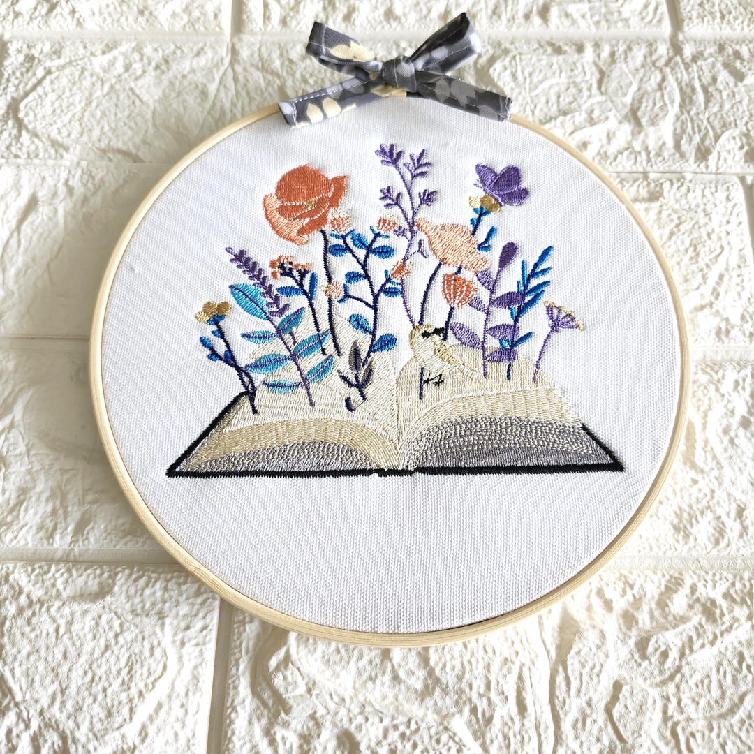 Floral Embroidery Hoop Art: Retro Book Design, Handmade Home Decor - Etsy