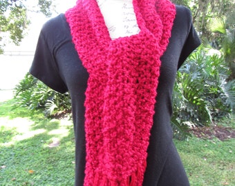 Hand Knit Red Scarf: Boho Crochet Shawl with Fringes
