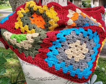 Crochet Multicolored Custom Granny Square Scarf Handmade, Men Women Crochet Scarf, Retro Crocheted Shawl, Retro Hand knit, Finished Product