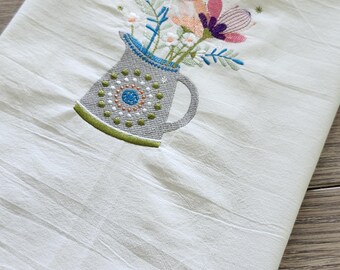 Strofinaccio da cucina in sacco di farina, brocca ricamata con fiore