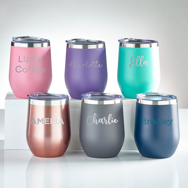 Personalised Wine Tumbler | Engraved Stemless Wine Cup with Lid | Insulated Travel Coffee Cup | Thermal Travel Mug