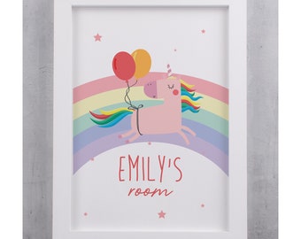 Personalised Unicorn Framed Print | Bedroom Print | Wall Art | A4 Print | Any Name Added | Personalised Wall Art | Rainbow