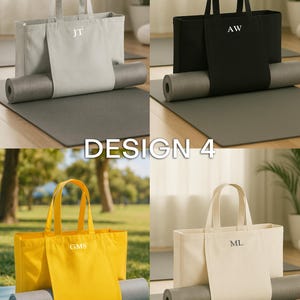 May include: Four tote bags in different colors: light gray, black, yellow, and off-white. Each bag has a matching strap to hold a rolled-up yoga mat. The bags have initials printed on them. The text "DESIGN 4" is in the center.