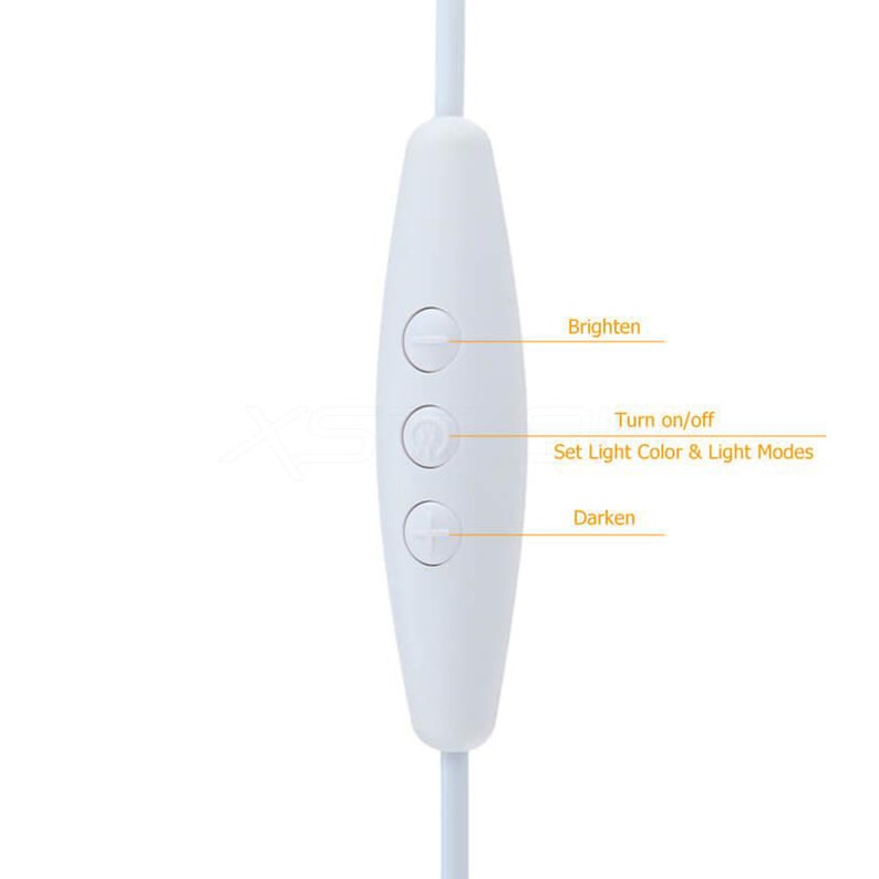 May include: White control panel with three buttons. The top button is labeled "Brighten", the middle button is labeled "Turn on/off Set Light Color & Light Modes", and the bottom button is labeled "Darken".