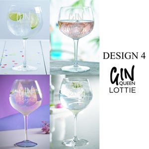 May include: Four clear glass gin glasses with the text "Gin Queen" followed by a name. The names are Amelia, Lottie, Jasmine, and Katie. The text is etched into the glass. The glasses are filled with gin and tonic. The background is a blurred image of a pool and a garden.
