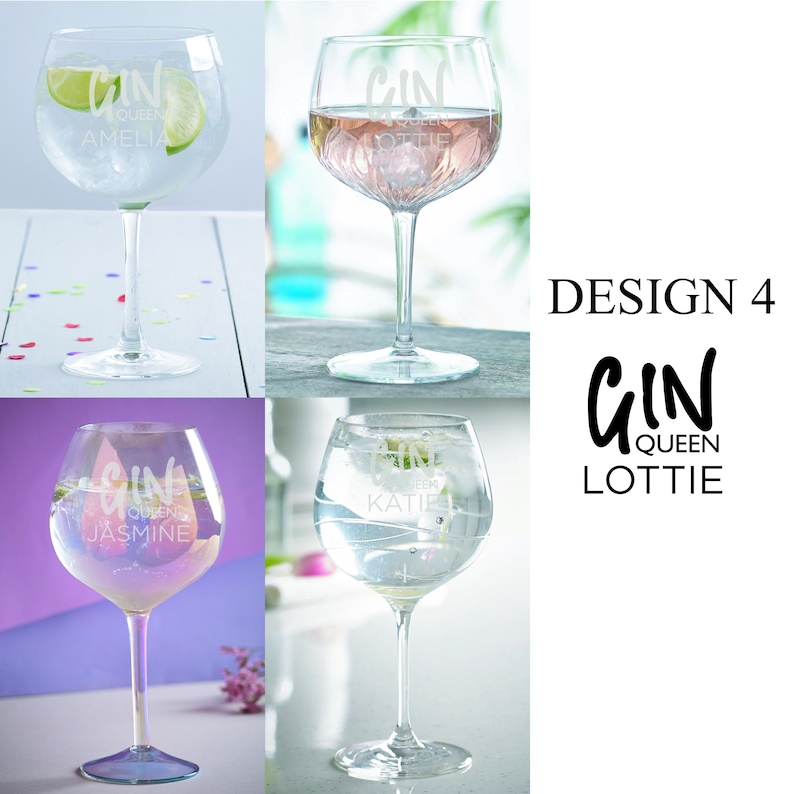 May include: Four clear glass gin glasses with the text "Gin Queen" followed by a name. The names are Amelia, Lottie, Jasmine, and Katie. The text is etched into the glass. The glasses are filled with gin and tonic. The background is a blurred image of a pool and a garden.