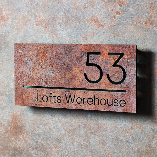 Modern Contemporary House Sign | 30cm x 15cm | Rusty Metal Effect Industrial House Number