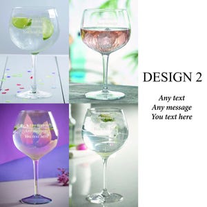 May include: Three clear glass gin glasses with a design etched on the side. The glasses are filled with a clear liquid and ice. The text on the glasses reads "Any text Any message You text here".