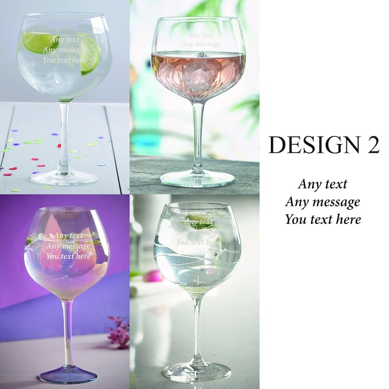 May include: Three clear glass gin glasses with a design etched on the side. The glasses are filled with a clear liquid and ice. The text on the glasses reads "Any text Any message You text here".