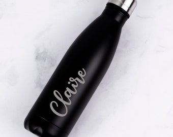 Personalised Water Bottle Vacuum Insulated Stainless Steel Chilly Flask 500ML, Hot or Cold, Gym Bottle, Double Wall, Gift, Black