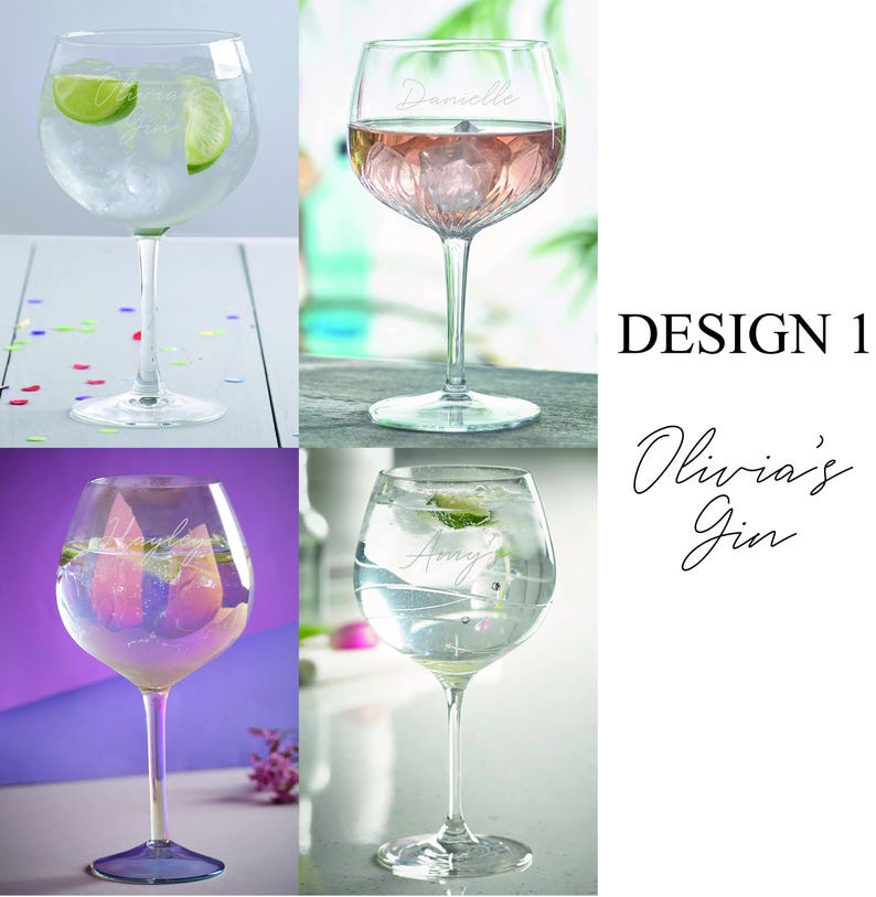May include: Three clear glass gin glasses with different designs. The first glass has a lime wedge in it and the text "Danielle" etched on the side. The second glass has a pink drink in it and the text "Olivia's Gin" etched on the side. The third glass has a clear drink in it and the text "Amy's" etched on the side.