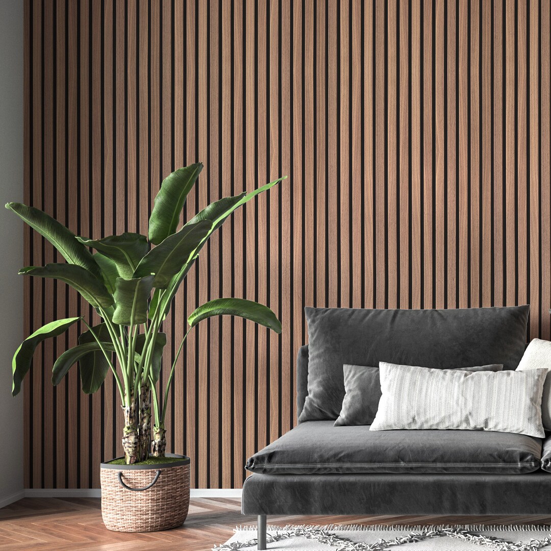 Slat Wood Wall Panel Vinyl Wrap, Decorative Acoustic Oak Wooden Slats