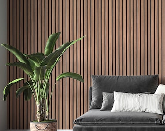 Slat Wood Wall Panel Vinyl Wrap, Decorative Acoustic Oak Wooden Slats Effect Sticker Decal