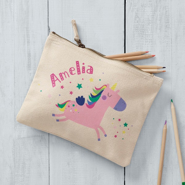 Personalised Unicorn Makeup Bag, Pencil Case, Accessory Bag, Unicorn Lover, Gifts, Birthday, Flower Girl, Any Name, Canvas, Gift Ideas, Pink