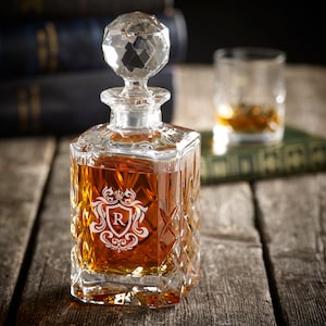 Personalised Crystal Decanter, Laser Engraved, Gift Ideas, Wedding, Birthday Gift, Whisky, Brandy, Any Initial, Date, Gifts for Him, Whiskey Crest