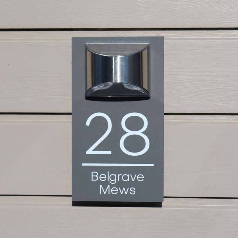Solar House Sign LED Illuminated Contemporary Modern Door Number Plaque Grey