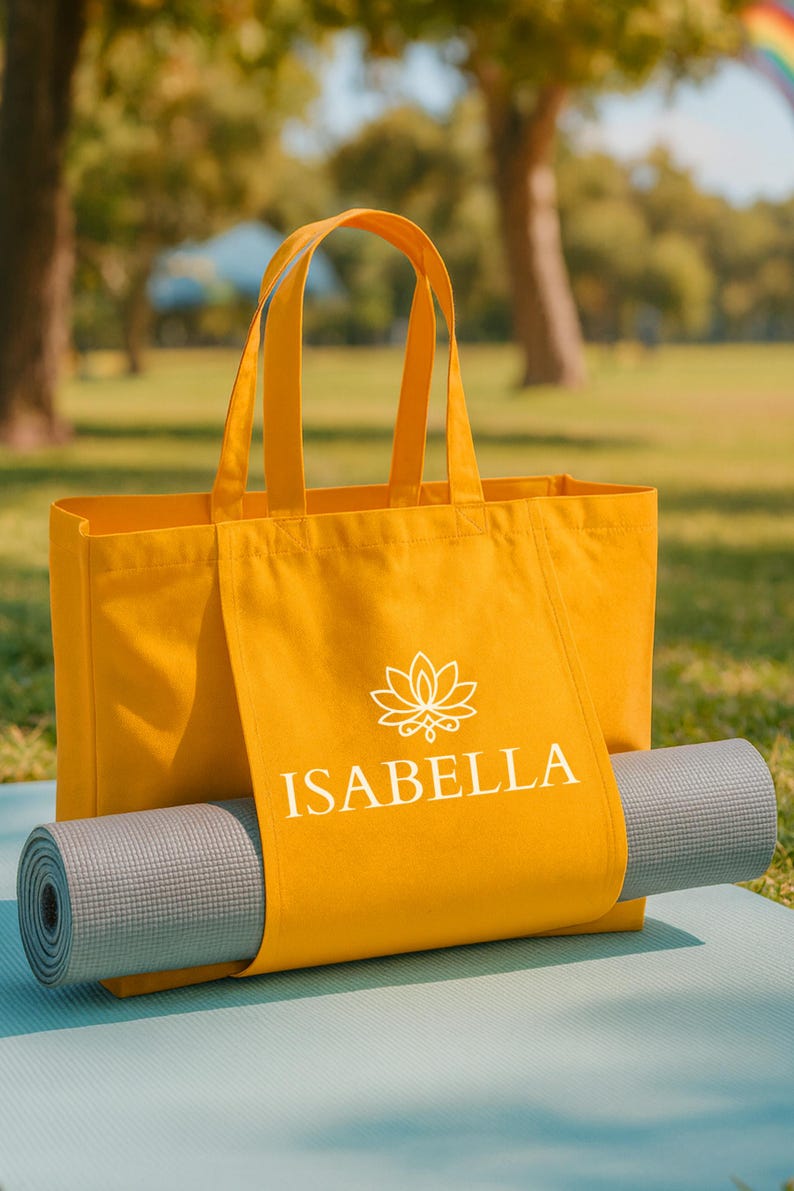 May include: Mustard yellow tote bag with the name "ISABELLA" in white, a lotus flower logo, and a gray yoga mat. The bag has two handles and is sitting on a blue mat, with a park background.