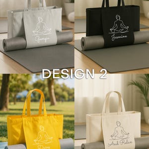 May include: Four yoga tote bags in gray, black, yellow, and cream, each with a white graphic of a person in a yoga pose. Each bag has a name or phrase printed on it. Each bag holds a rolled-up yoga mat.