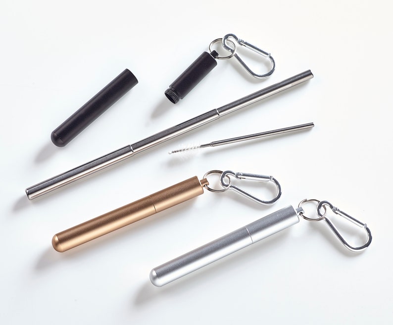 May include: Three reusable metal straws with cleaning brushes and carrying cases. The straws are silver, gold, and black. Each straw has a carabiner clip attached to the case.