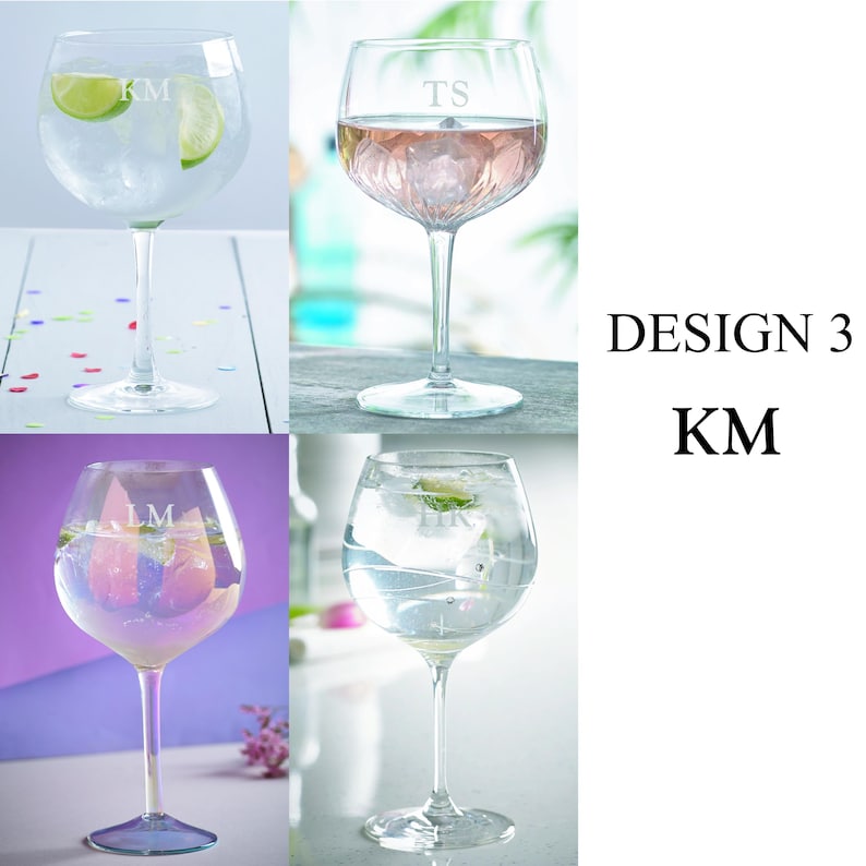 May include: Three clear glass gin glasses with different designs. The glasses are filled with clear liquid and ice. The glasses are engraved with the initials "KM", "TS", and "LM". The text "DESIGN 3" and "KM" is visible in the image.