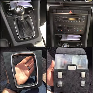 May include: Four images showing the interior of a car. The first image shows a black leather gear shift lever with a silver knob. The second image shows a black dashboard with a radio, climate controls, and a storage compartment. The third image shows a black frame with a silver trim. The fourth image shows a black interior light with two buttons and two lights.
