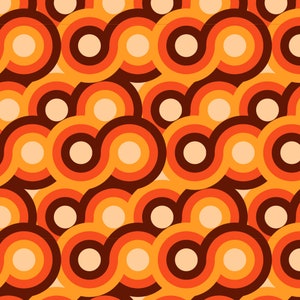 May include: A repeating geometric pattern featuring interlocking circles and curved lines in shades of dark brown, burnt orange, bright orange, and cream. The design consists of concentric rings that overlap to create a continuous, fluid motif.