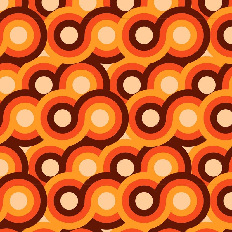 May include: A repeating geometric pattern featuring interlocking circles and curved lines in shades of dark brown, burnt orange, bright orange, and cream. The design consists of concentric rings that overlap to create a continuous, fluid motif.