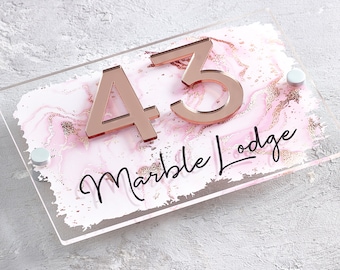 Modern Contemporary House Sign Door Number Plaque Personalised Rose Gold Marble 3D Acrylic Door Sign