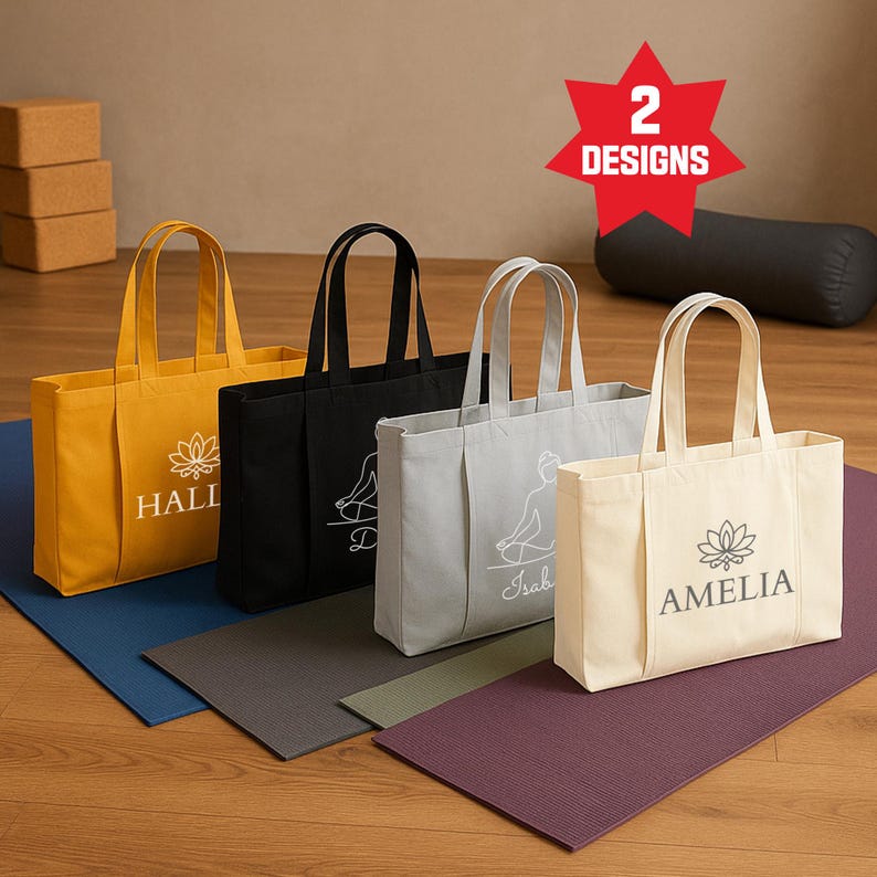 May include: Four canvas tote bags in yellow, black, gray, and cream, each with a unique design and name. The bags are displayed on yoga mats of different colors. A red star-shaped graphic reads "2 DESIGNS".