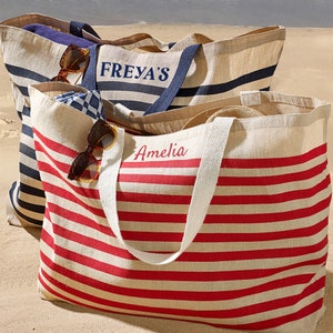 Personalised Beach Bag, Jute Shoulder Shopping Bag, Family Striped Bag, Supersized Extra Large Holiday Tote Bag