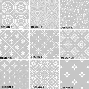 May include: Nine different tile patterns in white on a grey background. The patterns include geometric shapes, stars, and floral designs. The tiles are labelled with numbers from 1 to 21.