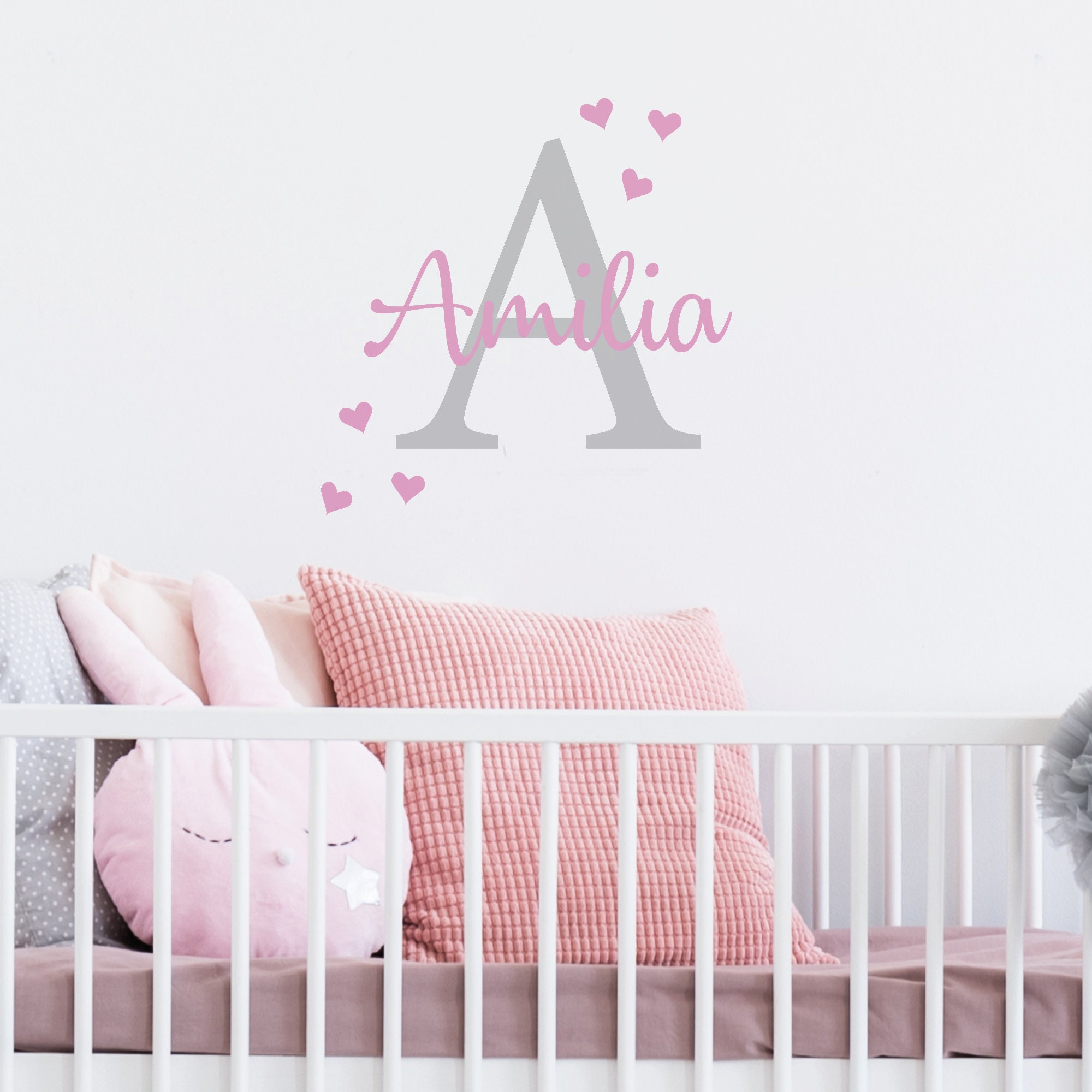 Personalised Name Wall Decal: Custom Initial, Hearts Nursery Decor, image size:2000x2000