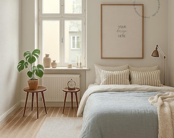 May include: A bedroom scene with a bed covered in a light blue comforter and striped pillows. A wooden framed print hangs above the bed. Two small wooden side tables hold a potted plant and a clock. The text "YOUR design HERE" is on the print.