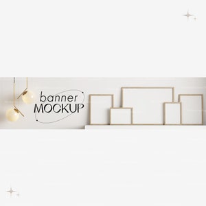 May include: A mockup of five different sized frames with a white background. The frames are all made of wood and have a natural finish. The text "banner MOCKUP" is written in black on the wall behind the frames.