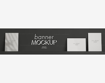 May include: Mockup of three white banners on a dark grey background. The banners are blank and ready for your design. The text "banner MOCKUP" is displayed in the centre of the image.