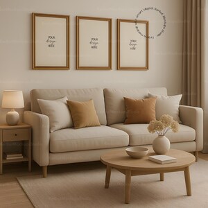 May include: A living room scene featuring a beige sofa with throw pillows, a round wooden coffee table, and three framed art pieces on the wall. A lamp and side table are on the left. The frames have the text "YOUR design HERE".