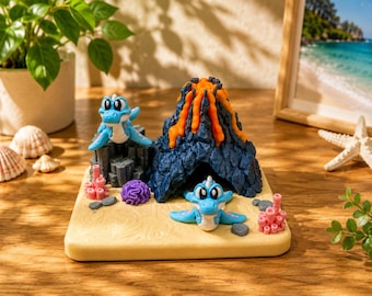 Baby Sea Dragon Volcano Playset – 3D Printed Ocean Sensory Toy – Articulated Sea Dragons – Imaginative Play – Desk Décor – Gift for Kids