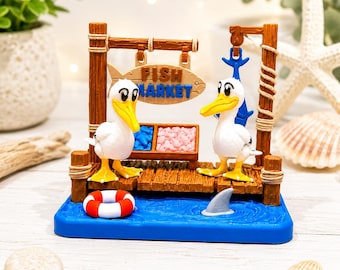 3D Printed Fish Market Playset with Pelicans | Coastal Tiered Tray Decor