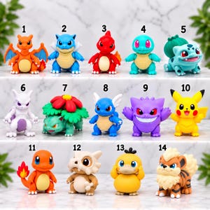 May include: A collection of fourteen small, colorful plastic character figurines arranged in three rows, each numbered from 1 to 14. The figures include various creatures in shades of orange, blue, red, teal, green, white, purple, yellow, and brown.